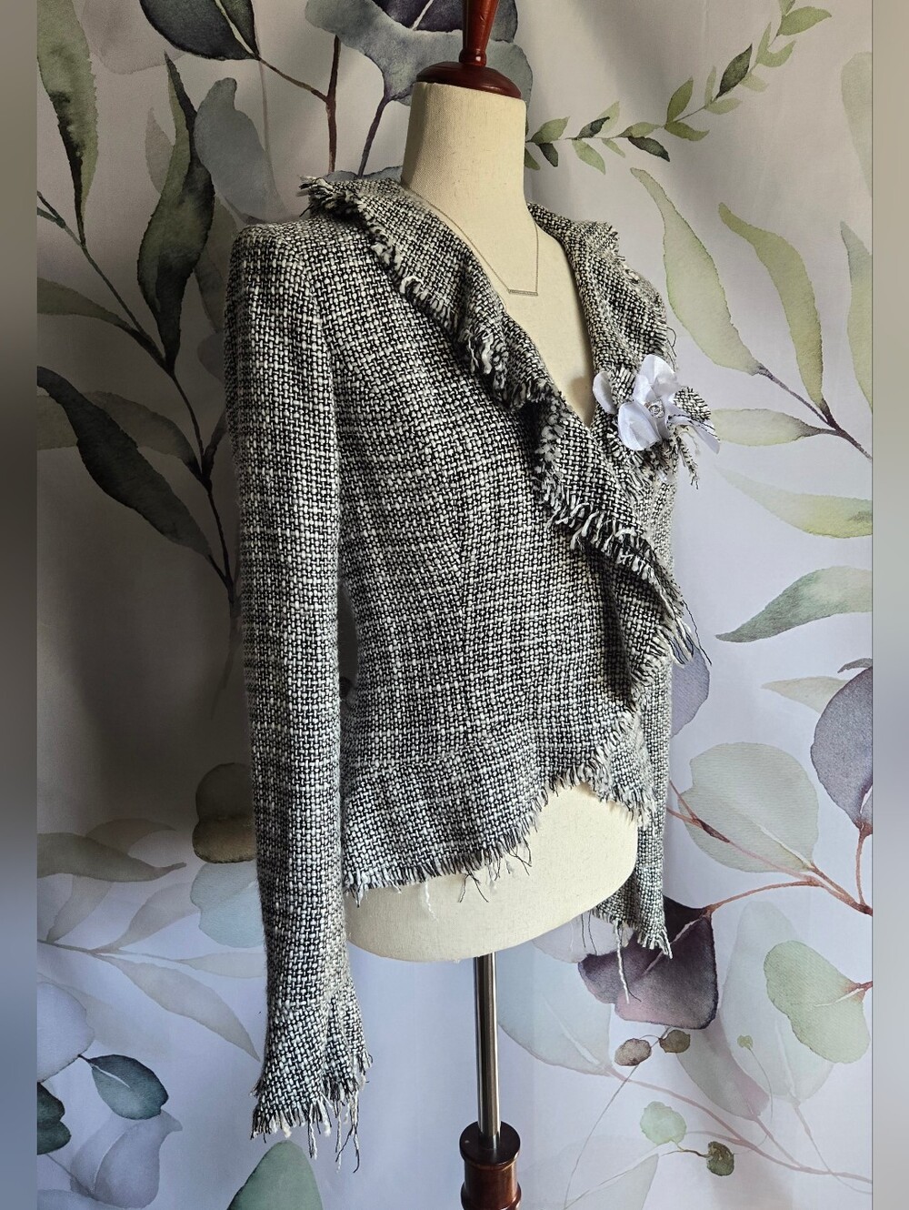 CACHÈ | Vintage Boucle Tweed Peplum Blazer Jacket in Black/White sz 6 - Picture 2 of 10